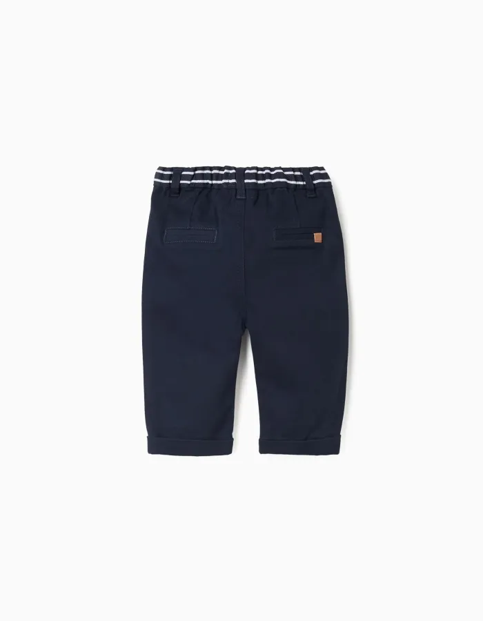 Twill chino trousers with striped tape for newborn boys, dark blue