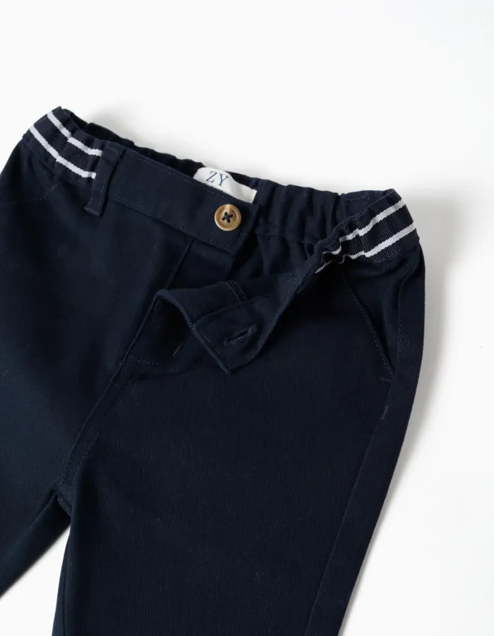 Twill chino trousers with striped tape for newborn boys, dark blue