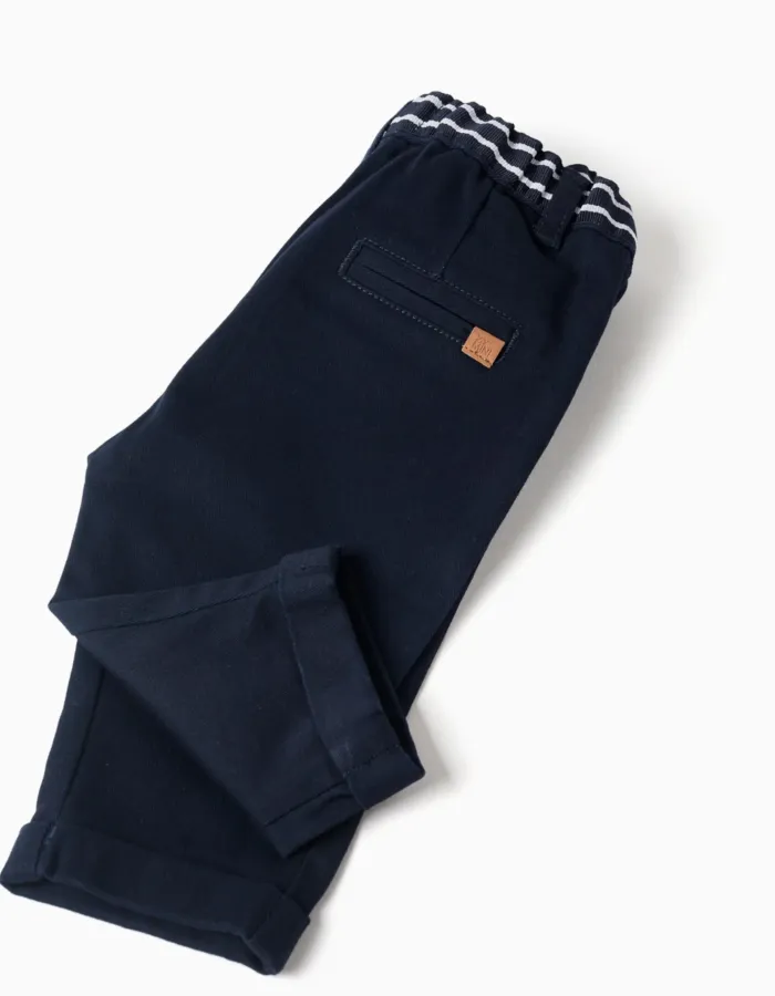 Twill chino trousers with striped tape for newborn boys, dark blue