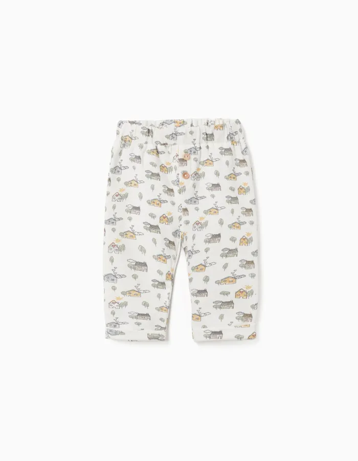Brushed trousers with house and tree motif for newborns, white