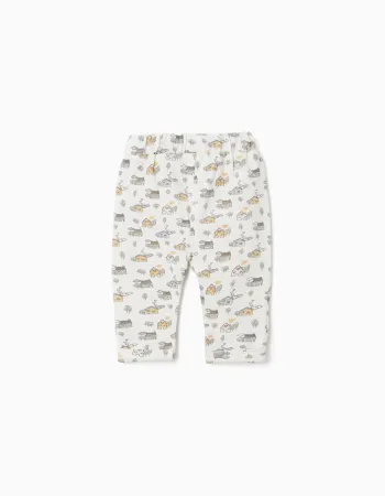 Brushed trousers with house and tree motif for newborns, white