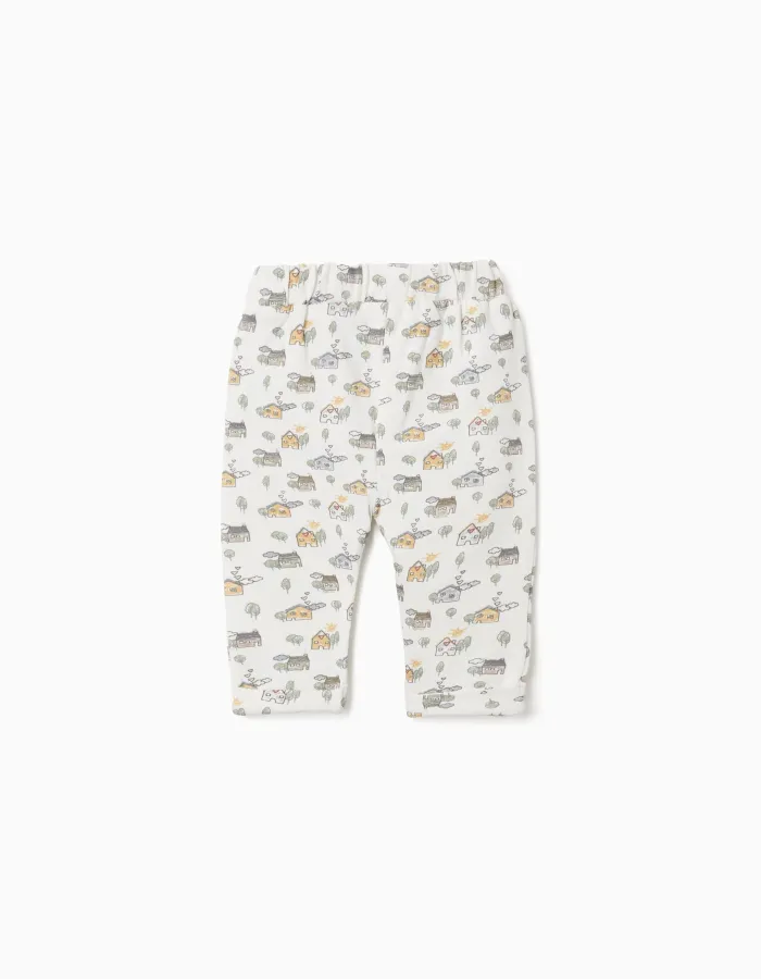 Brushed trousers with house and tree motif for newborns, white