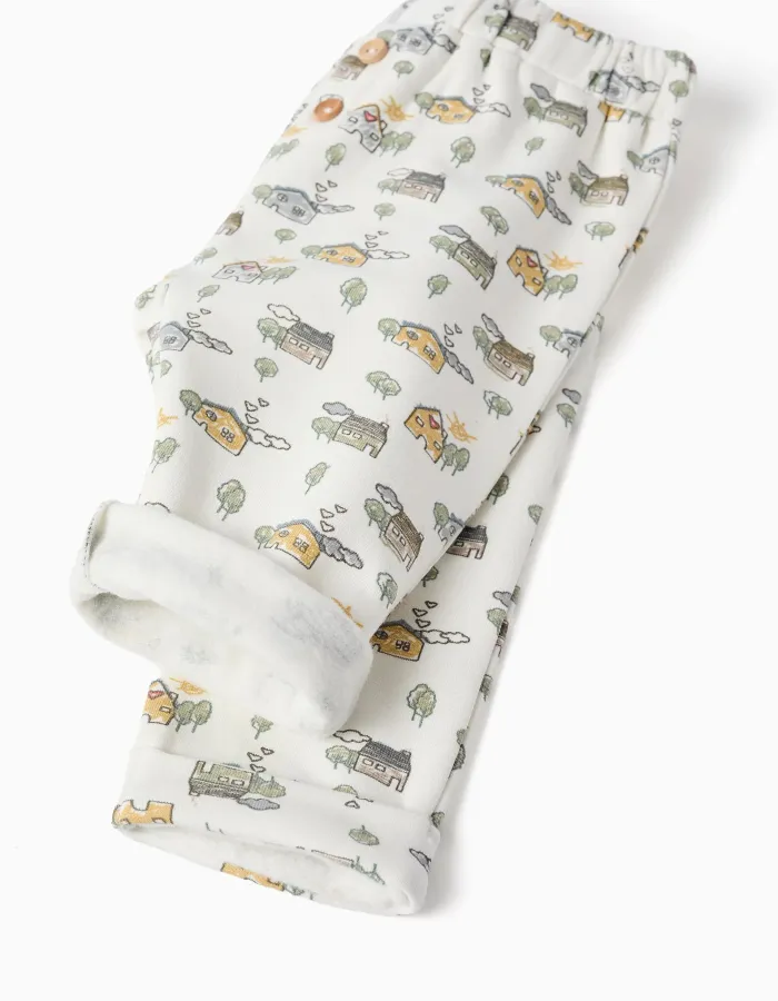 Brushed trousers with house and tree motif for newborns, white