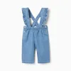 Denim trousers with removable straps for newborn girls, blue