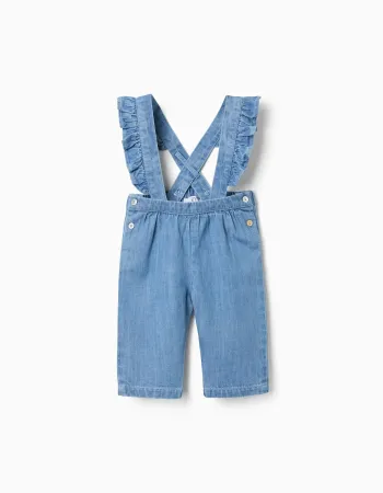 Denim trousers with removable straps for newborn girls, blue