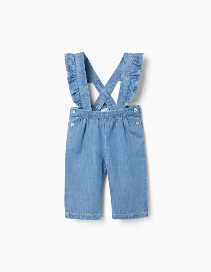 Denim trousers with removable straps for newborn girls, blue