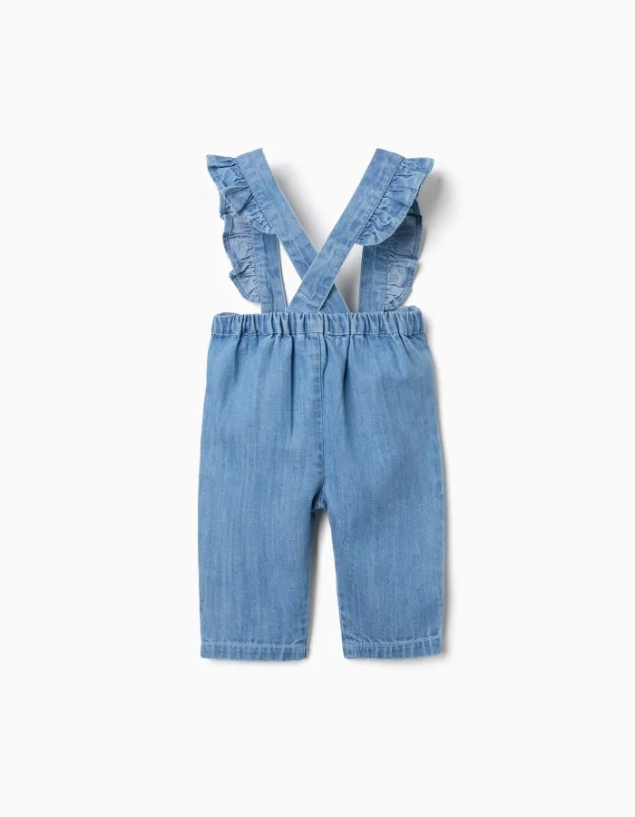 Denim trousers with removable straps for newborn girls, blue