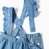 Denim trousers with removable straps for newborn girls, blue