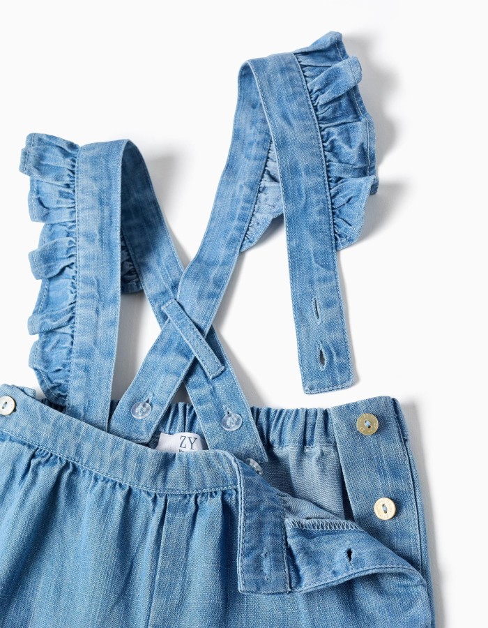 Denim trousers with removable straps for newborn girls, blue