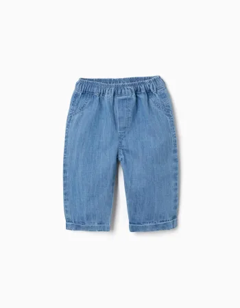 Cotton denim trousers with elastic waistband for newborns, blue