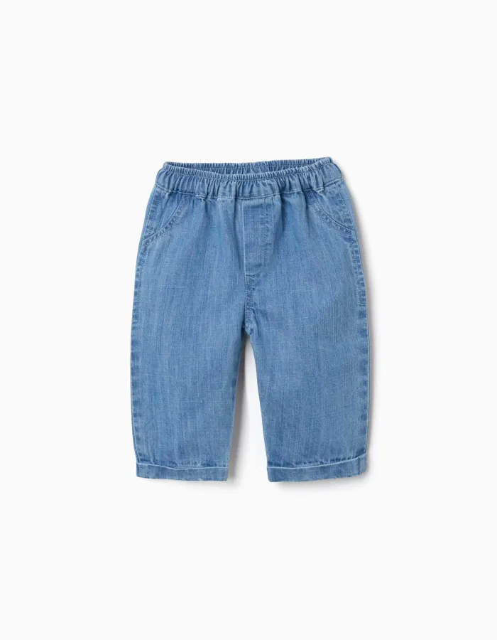 Cotton denim trousers with elastic waistband for newborns, blue