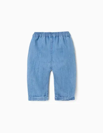 Cotton denim trousers with elastic waistband for newborns, blue