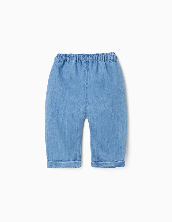 Cotton denim trousers with elastic waistband for newborns, blue