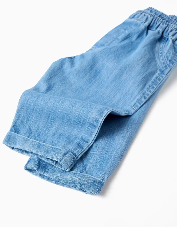 Cotton denim trousers with elastic waistband for newborns, blue
