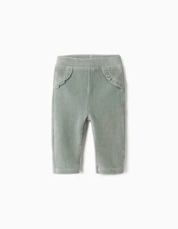 Corduroy leggings with ruffles for newborn girls, light green