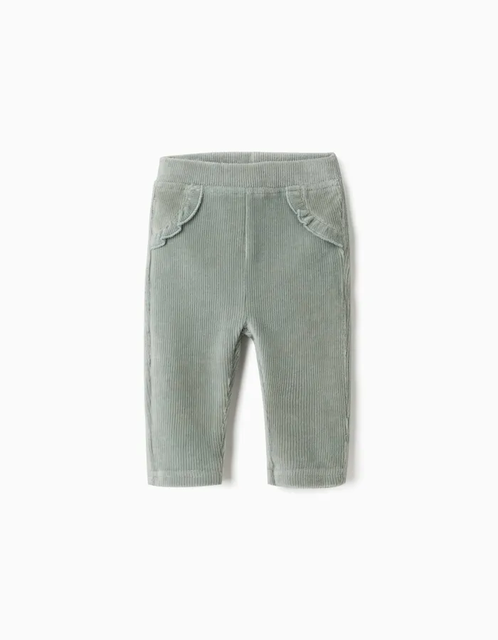 Corduroy leggings with ruffles for newborn girls, light green