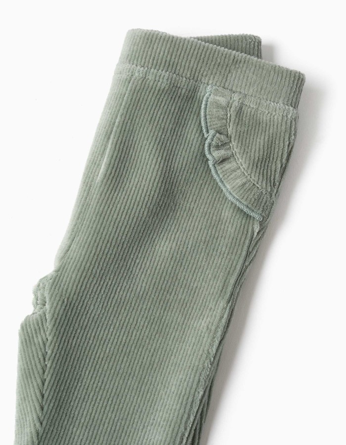 Corduroy leggings with ruffles for newborn girls, light green