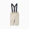 Twill trousers with braces for newborn boys, light beige