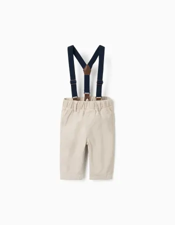 Twill trousers with braces for newborn boys, light beige
