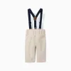 Twill trousers with braces for newborn boys, light beige