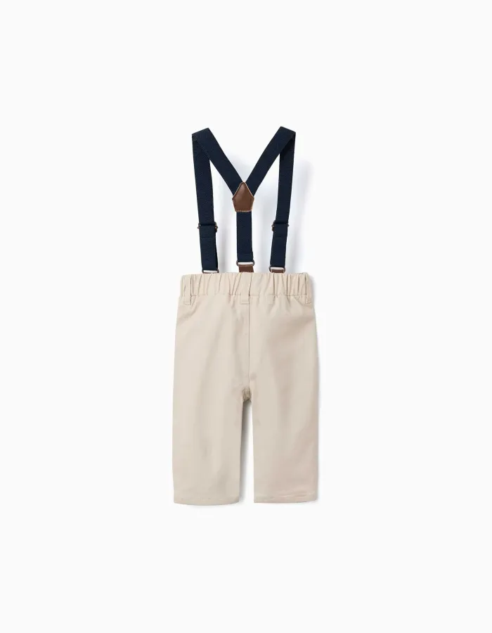 Twill trousers with braces for newborn boys, light beige