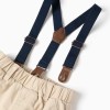 Twill trousers with braces for newborn boys, light beige