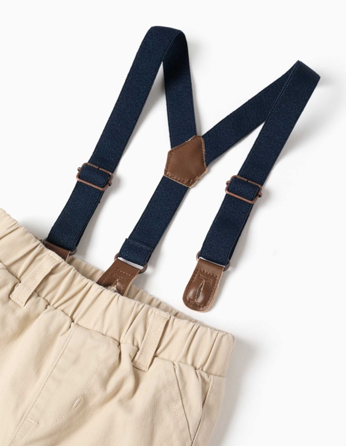 Twill trousers with braces for newborn boys, light beige