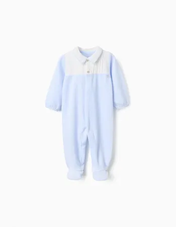 Velours Sleepsuit with Pleated Detail for Newborns, Blue