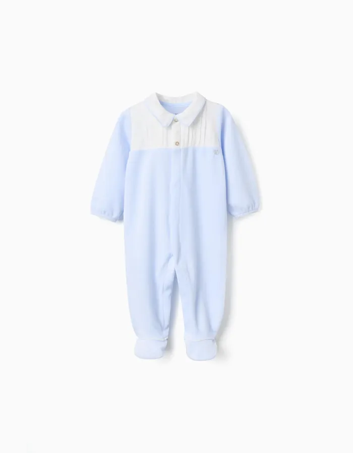 Velours Sleepsuit with Pleated Detail for Newborns, Blue