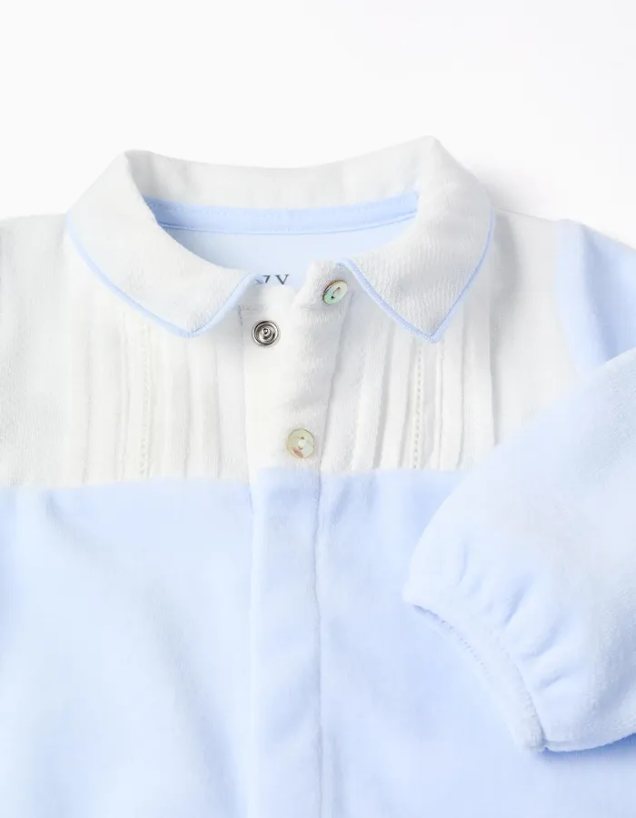 Velours Sleepsuit with Pleated Detail for Newborns, Blue