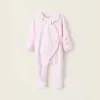 Velours Sleepsuit with Bow and Broderie Anglaise for Newborn Girls, Pink