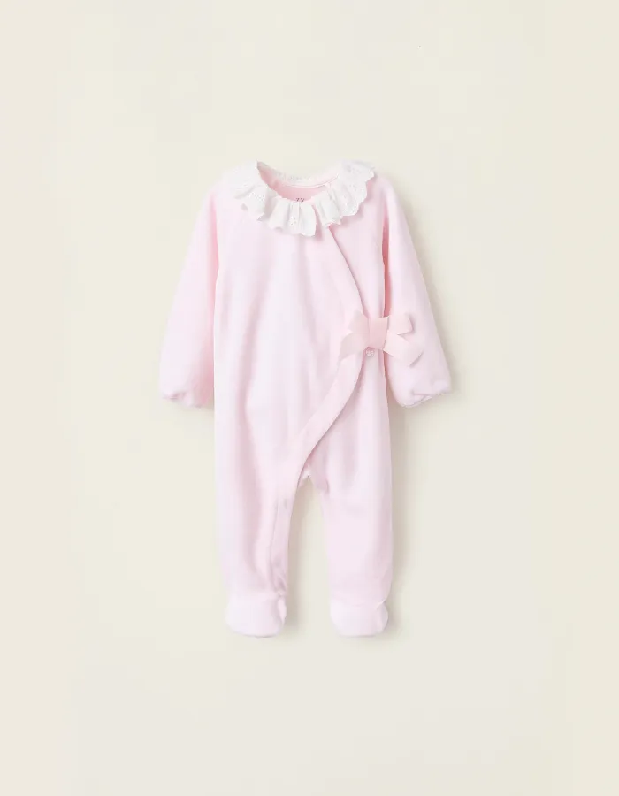 Velours Sleepsuit with Bow and Broderie Anglaise for Newborn Girls, Pink