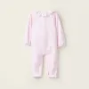 Velours Sleepsuit with Bow and Broderie Anglaise for Newborn Girls, Pink