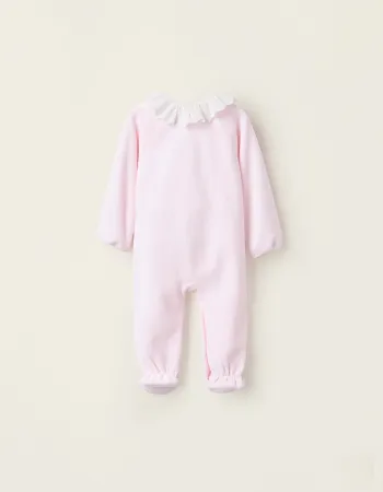 Velours Sleepsuit with Bow and Broderie Anglaise for Newborn Girls, Pink