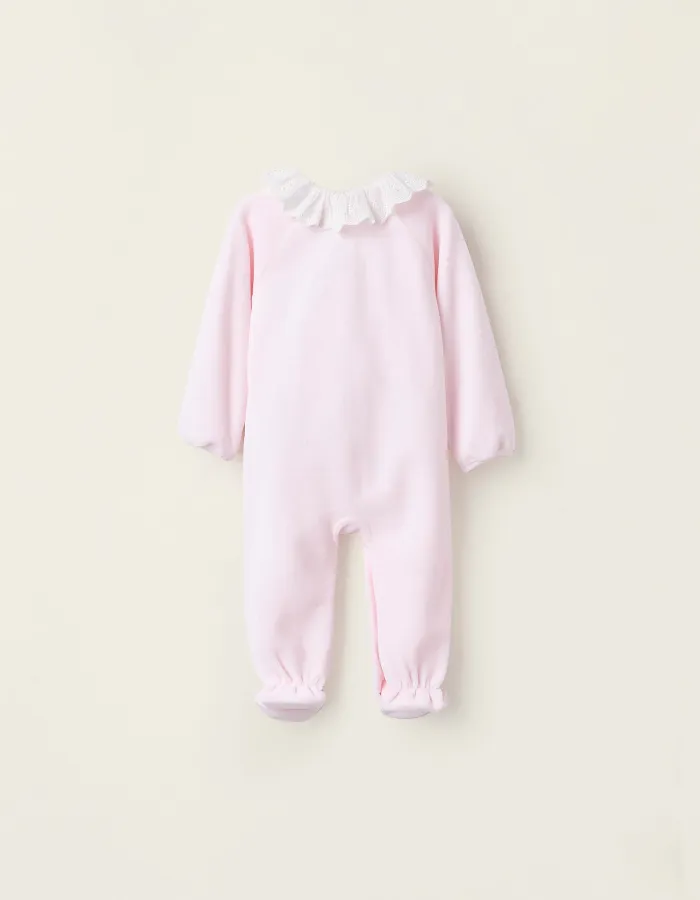 Velours Sleepsuit with Bow and Broderie Anglaise for Newborn Girls, Pink