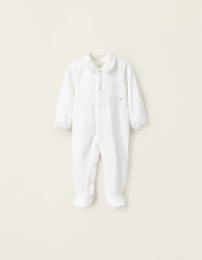 Velours Textured Sleepsuit for Newborns, White