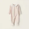Velours Sleepsuit with Ruffle Collar for Newborn Girls, Beige