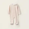 Velours Sleepsuit with Ruffle Collar for Newborn Girls, Beige