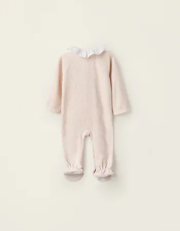 Velours Sleepsuit with Ruffle Collar for Newborn Girls, Beige