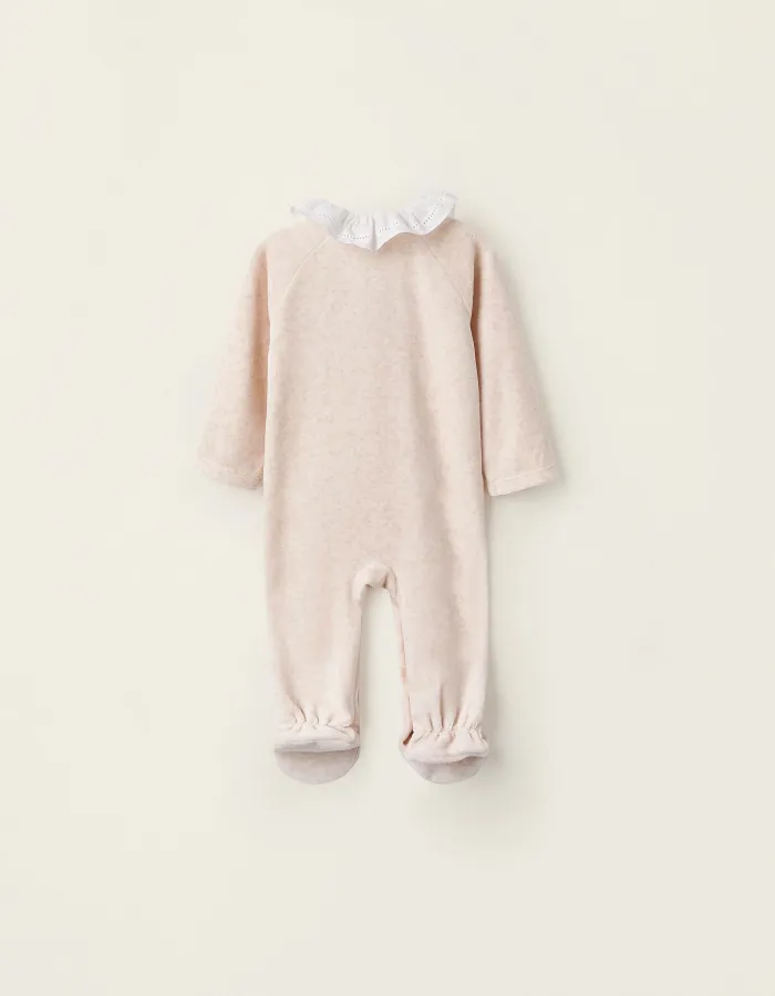 Velours Sleepsuit with Ruffle Collar for Newborn Girls, Beige
