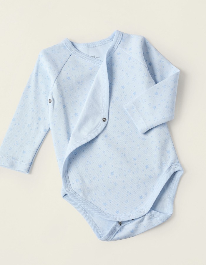 Pack of 4 Cotton Wrapover Bodysuits for Newborns and Babies 'Stars', White/Blue
