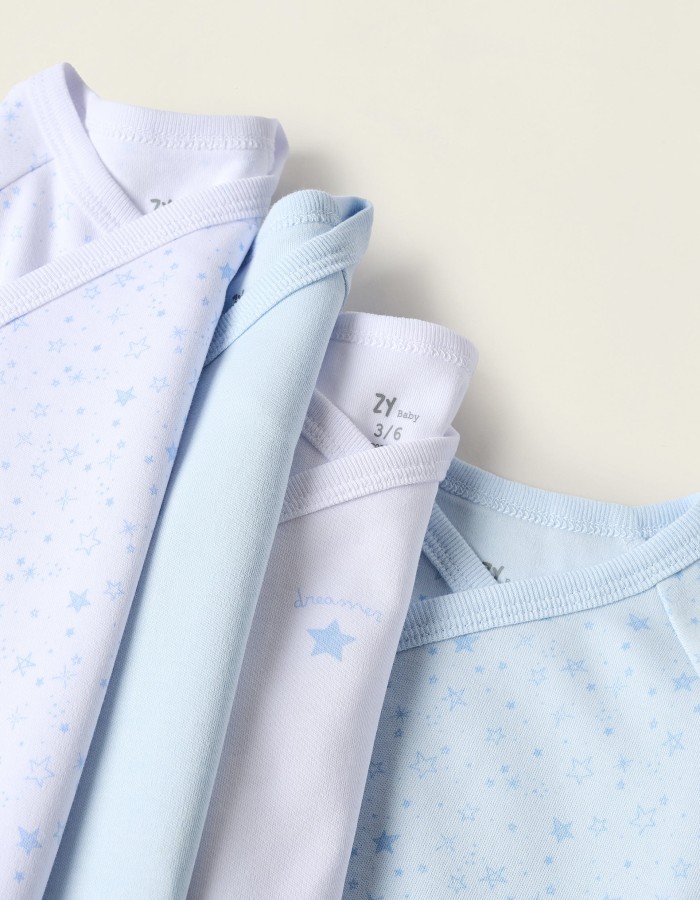 Pack of 4 Cotton Wrapover Bodysuits for Newborns and Babies 'Stars', White/Blue