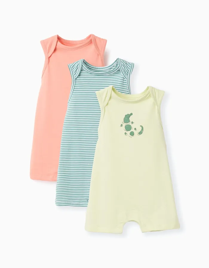 Pack of 3 cotton sleeveless rompers for newborn and baby boys, multicolour