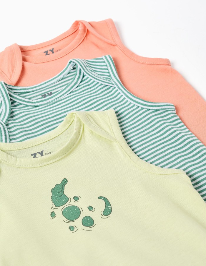 Pack of 3 cotton sleeveless rompers for newborn and baby boys, multicolour