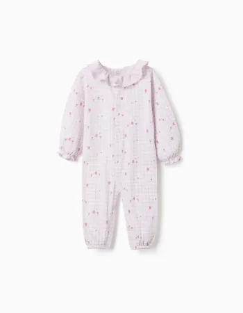 Cotton gingham sleepsuit for newborn and baby girls, lilac/white