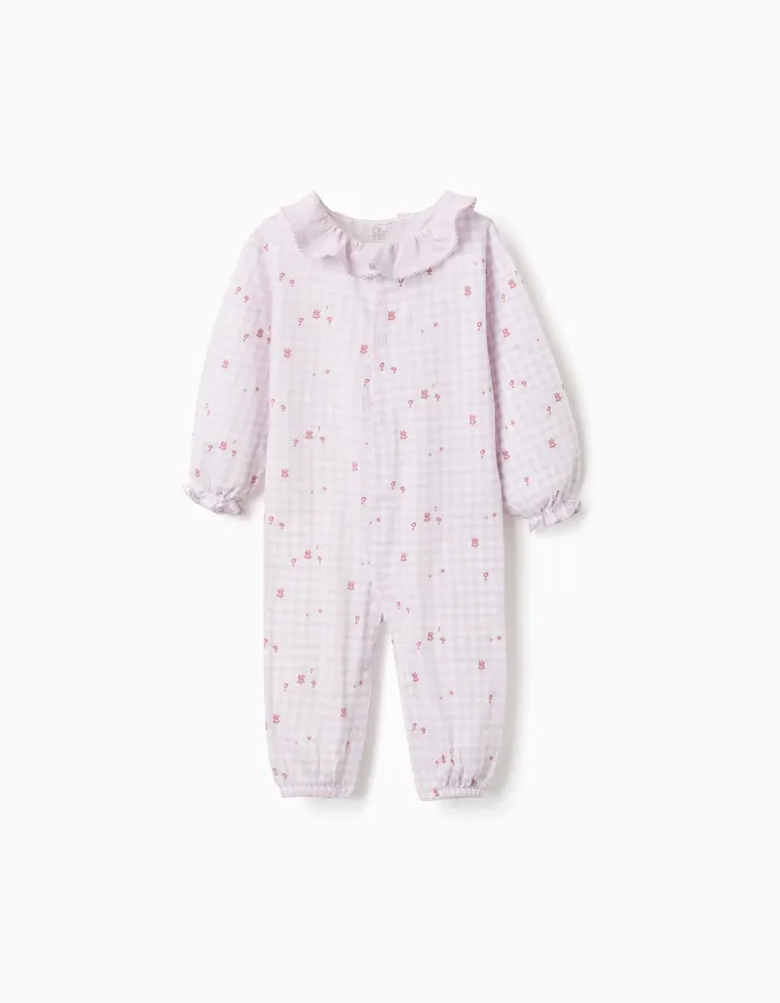 Cotton gingham sleepsuit for newborn and baby girls, lilac/white