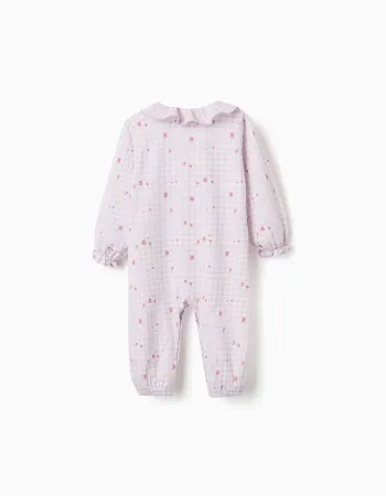 Cotton gingham sleepsuit for newborn and baby girls, lilac/white