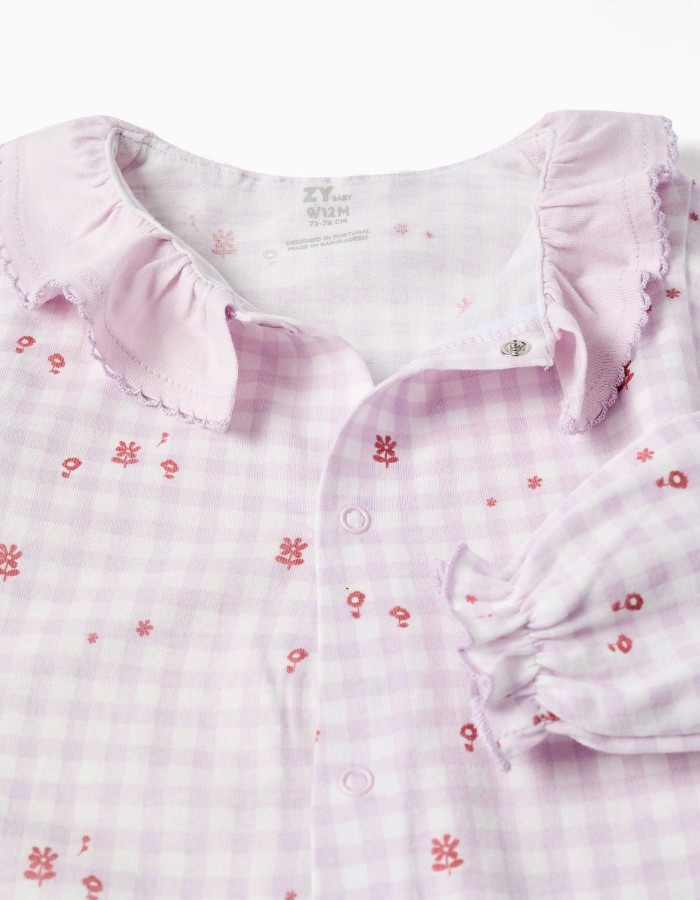 Cotton gingham sleepsuit for newborn and baby girls, lilac/white