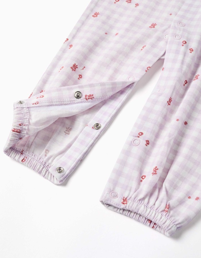Cotton gingham sleepsuit for newborn and baby girls, lilac/white