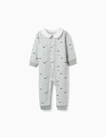 Cotton gingham sleepsuit for newborn and baby boys, light green/white